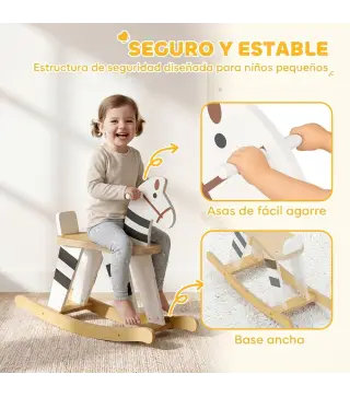 Caballito Balancín para Bebés Caballo Balancín con Base de Madera y Respaldo para Niños de 1,5 a 3 Años Negro y Blanco