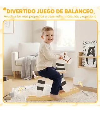 Caballito Balancín para Bebés Caballo Balancín con Base de Madera y Respaldo para Niños de 1,5 a 3 Años Negro y Blanco
