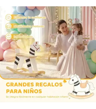 Caballito Balancín para Bebés Caballo Balancín con Base de Madera y Respaldo para Niños de 1,5 a 3 Años Negro y Blanco
