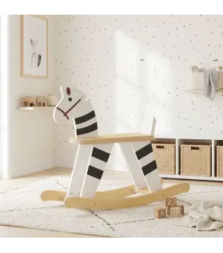 Caballito Balancín para Bebés Caballo Balancín con Base de Madera y Respaldo para Niños de 1,5 a 3 Años Negro y Blanco