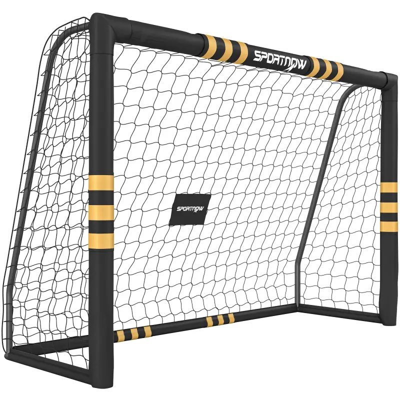 Portería de Fútbol para Jardín 240x85x160 cm con Red Estructura Metálica Acolchada EPE y Piquetas Negro y Amarillo Portería de Fútbol para Jardín 240x85x160 cm con Red Estructura Metálica Acolchada EPE y Piquetas Negro y Amarillo