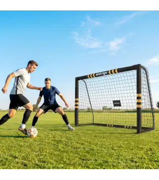 Portería de Fútbol para Jardín 240x85x160 cm con Red Estructura Metálica Acolchada EPE y Piquetas Negro y Amarillo