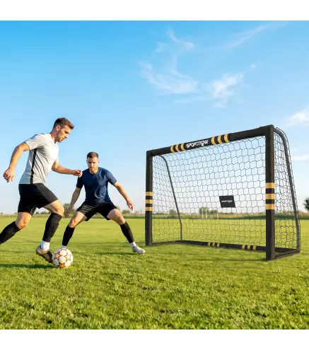 Portería de Fútbol para Jardín 240x85x160 cm con Red Estructura Metálica Acolchada EPE y Piquetas Negro y Amarillo