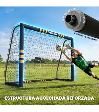 Portería de Fútbol para Jardín 240x85x160 cm con Red Estructura Metálica Acolchada EPE y Piquetas Negro y Amarillo