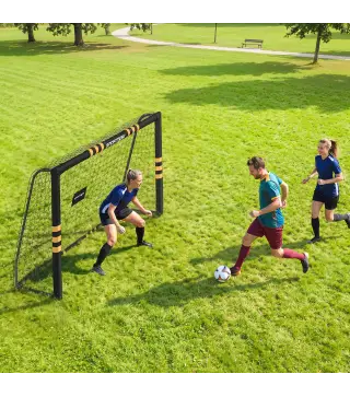 Portería de Fútbol para Jardín 240x85x160 cm con Red Estructura Metálica Acolchada EPE y Piquetas Negro y Amarillo