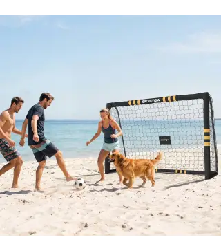 Portería de Fútbol para Jardín 240x85x160 cm con Red Estructura Metálica Acolchada EPE y Piquetas Negro y Amarillo