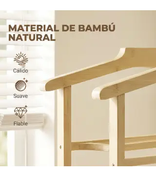 Galán de Noche de Bambú con Ruedas Barras para Ropa Soporte para Pantalones Bandeja y Estante Inferior Natural