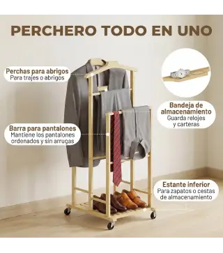 Galán de Noche de Bambú con Ruedas Barras para Ropa Soporte para Pantalones Bandeja y Estante Inferior Natural