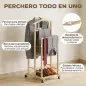 Galán de Noche de Bambú con Ruedas Barras para Ropa Soporte para Pantalones Bandeja y Estante Inferior Natural