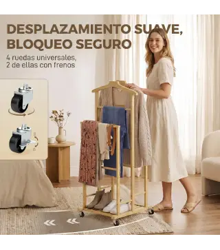 Galán de Noche de Bambú con Ruedas Barras para Ropa Soporte para Pantalones Bandeja y Estante Inferior Natural