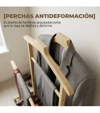 Galán de Noche de Bambú con Ruedas Barras para Ropa Soporte para Pantalones Bandeja y Estante Inferior Natural