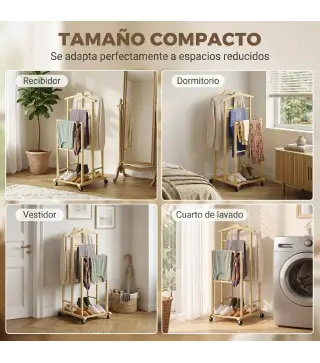 Galán de Noche de Bambú con Ruedas Barras para Ropa Soporte para Pantalones Bandeja y Estante Inferior Natural