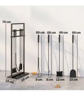 Juego de Utensilios para Chimenea de 5 Piezas de Metal con Cepillo Pala Atizador Pinzas y Soporte Negro