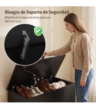 Baúl de Almacenaje 102L con Bisagra de Seguridad Estilo Moderno para Pasillo Dormitorio Salón 80x40x45 cm Negro