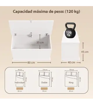 Baúl de Almacenaje 102L con Bisagra de Seguridad Estilo Moderno para Pasillo Dormitorio Salón 80x40x45 cm Blanco