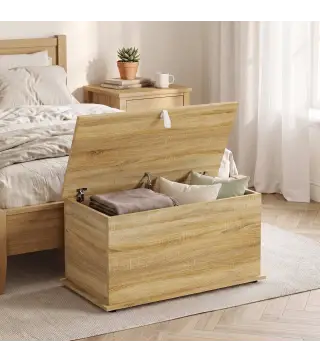 Baúl de Almacenaje 102L con Bisagra de Seguridad Estilo Moderno para Pasillo Dormitorio Salón 80x40x45 cm Roble