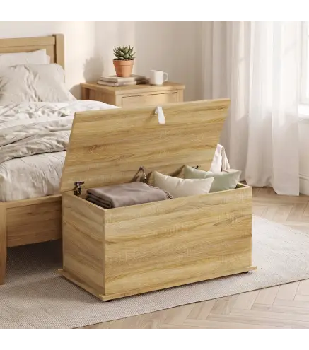 Baúl de Almacenaje 102L con Bisagra de Seguridad Estilo Moderno para Pasillo Dormitorio Salón 80x40x45 cm Roble