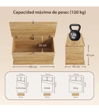 Baúl de Almacenaje 102L con Bisagra de Seguridad Estilo Moderno para Pasillo Dormitorio Salón 80x40x45 cm Roble