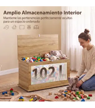 Baúl de Almacenaje 102L con Bisagra de Seguridad Estilo Moderno para Pasillo Dormitorio Salón 80x40x45 cm Roble