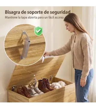 Baúl de Almacenaje 102L con Bisagra de Seguridad Estilo Moderno para Pasillo Dormitorio Salón 80x40x45 cm Roble