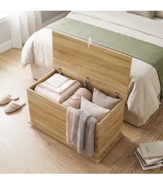 Baúl de Almacenaje 102L con Bisagra de Seguridad Estilo Moderno para Pasillo Dormitorio Salón 80x40x45 cm Roble
