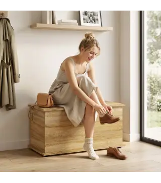Baúl de Almacenaje 102L con Bisagra de Seguridad Estilo Moderno para Pasillo Dormitorio Salón 80x40x45 cm Roble