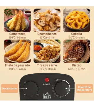 Freidora 5L Temperatura Ajustable hasta 190°C Ventana Visualización Protección Sobrecalentamiento Temporizador 60 min