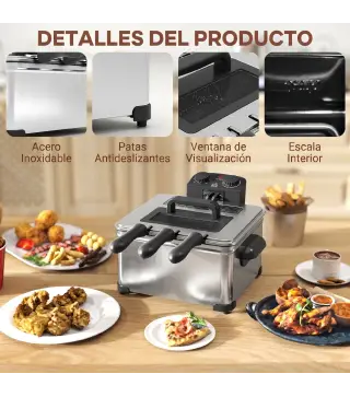 Freidora 5L Temperatura Ajustable hasta 190°C Ventana Visualización Protección Sobrecalentamiento Temporizador 60 min