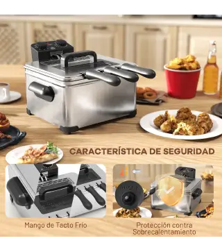 Freidora 5L Temperatura Ajustable hasta 190°C Ventana Visualización Protección Sobrecalentamiento Temporizador 60 min