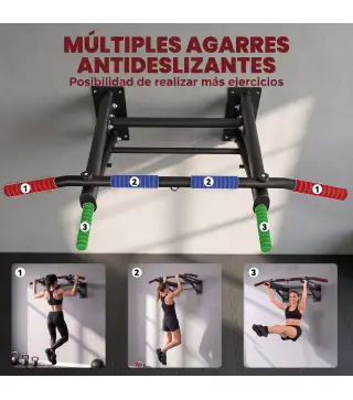 Barra de Dominadas para Pared Plegable con 3 Anillas para Bandas de Resistencia Agarres Antideslizantes Capacidad 120 kg Negro