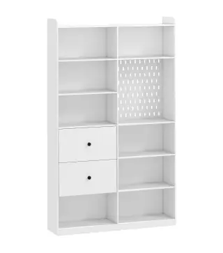 Estantería para Libros Alta y Estrecha con Panel Perforado 2 Cajones 8 Compartimentos Abiertos 120x30x200 cm Blanco