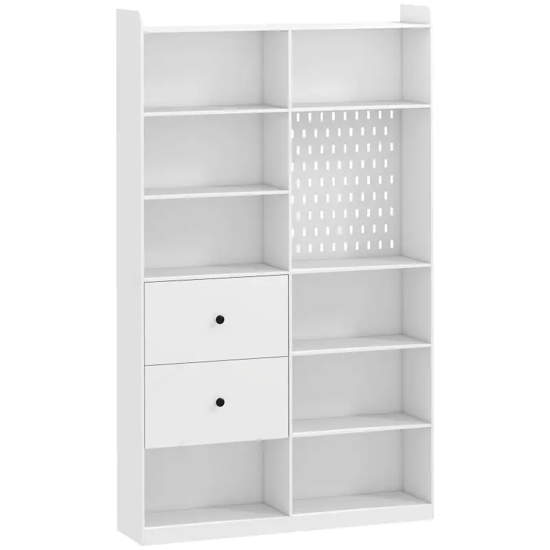 Estantería para Libros Alta y Estrecha con Panel Perforado 2 Cajones 8 Compartimentos Abiertos 120x30x200 cm Blanco Estantería para Libros Alta y Estrecha con Panel Perforado 2 Cajones 8 Compartimentos Abiertos 120x30x200 cm Blanco