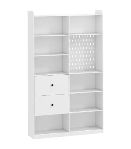 Estantería para Libros Alta y Estrecha con Panel Perforado 2 Cajones 8 Compartimentos Abiertos 120x30x200 cm Blanco