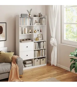 Estantería para Libros Alta y Estrecha con Panel Perforado 2 Cajones 8 Compartimentos Abiertos 120x30x200 cm Blanco