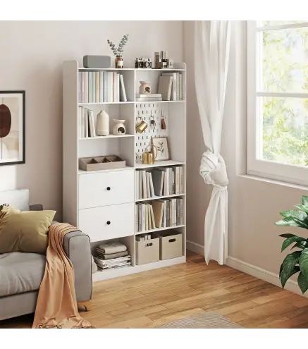 Estantería para Libros Alta y Estrecha con Panel Perforado 2 Cajones 8 Compartimentos Abiertos 120x30x200 cm Blanco