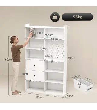 Estantería para Libros Alta y Estrecha con Panel Perforado 2 Cajones 8 Compartimentos Abiertos 120x30x200 cm Blanco