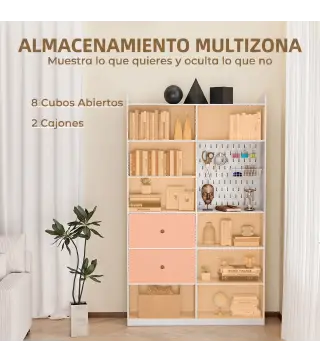 Estantería para Libros Alta y Estrecha con Panel Perforado 2 Cajones 8 Compartimentos Abiertos 120x30x200 cm Blanco