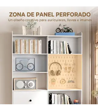Estantería para Libros Alta y Estrecha con Panel Perforado 2 Cajones 8 Compartimentos Abiertos 120x30x200 cm Blanco