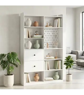 Estantería para Libros Alta y Estrecha con Panel Perforado 2 Cajones 8 Compartimentos Abiertos 120x30x200 cm Blanco