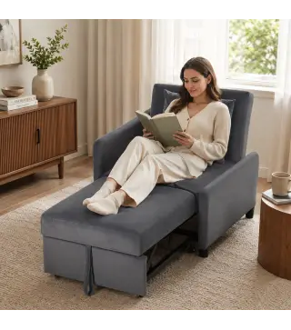 Sofá Cama 1 Plaza Convertible 4 en 1 Sillón Cama Tapizado en Terciopelo Respaldo Ajustable Gris Oscuro
