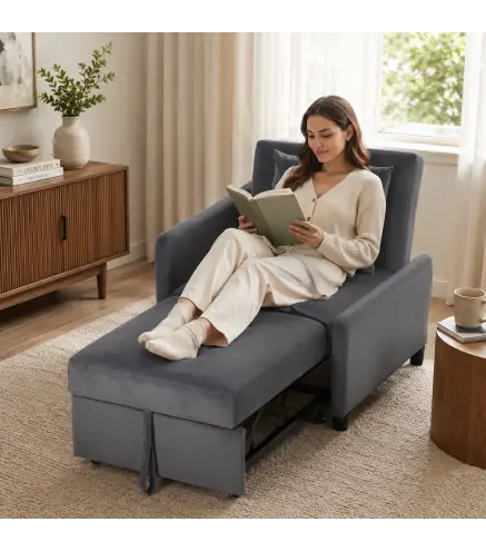 Sofá Cama 1 Plaza Convertible 4 en 1 Sillón Cama Tapizado en Terciopelo Respaldo Ajustable Gris Oscuro