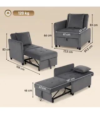 Sofá Cama 1 Plaza Convertible 4 en 1 Sillón Cama Tapizado en Terciopelo Respaldo Ajustable Gris Oscuro