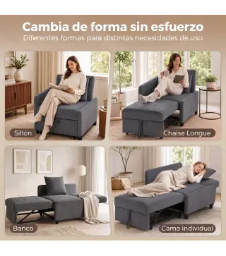 Sofá Cama 1 Plaza Convertible 4 en 1 Sillón Cama Tapizado en Terciopelo Respaldo Ajustable Gris Oscuro