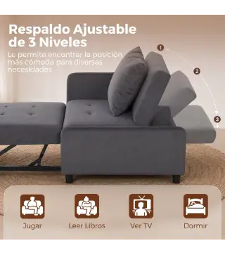 Sofá Cama 1 Plaza Convertible 4 en 1 Sillón Cama Tapizado en Terciopelo Respaldo Ajustable Gris Oscuro