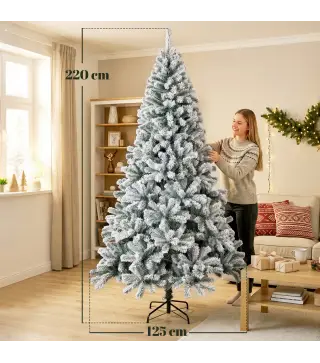 Árbol de Navidad Nevado de 220 cm con 1000 Puntas de PVC Ignífugo Ramas Articuladas Montaje Rápido Verde y Blanco