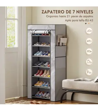 Zapatero de 7 Niveles, Zapatero Estrecho de Acero con Funda de Tela no Tejida 2 Bolsillos para 14-21 Pares Gris