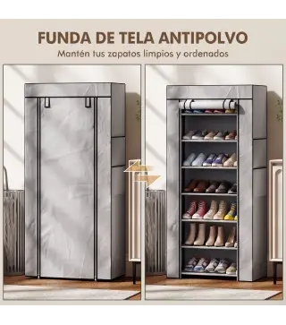 Zapatero de 7 Niveles, Zapatero Estrecho de Acero con Funda de Tela no Tejida 2 Bolsillos para 14-21 Pares Gris