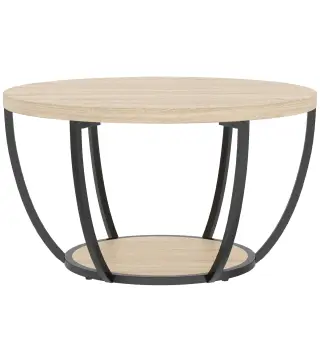 Mesa de Centro Redonda para Salón con Estante de Almacenamiento y Marco de Metal 80x80x43,8 cm Roble