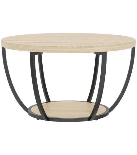 Mesa de Centro Redonda para Salón con Estante de Almacenamiento y Marco de Metal 80x80x43,8 cm Roble