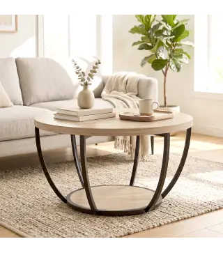 Mesa de Centro Redonda para Salón con Estante de Almacenamiento y Marco de Metal 80x80x43,8 cm Roble